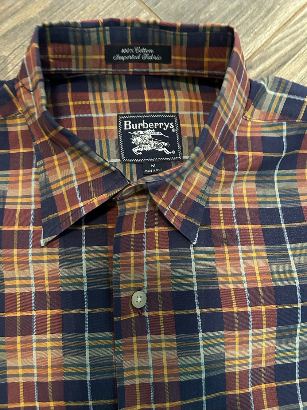 Vintage Burberry Men's Plaid Button-Down Shirt in Navy, Brown & Yellow
